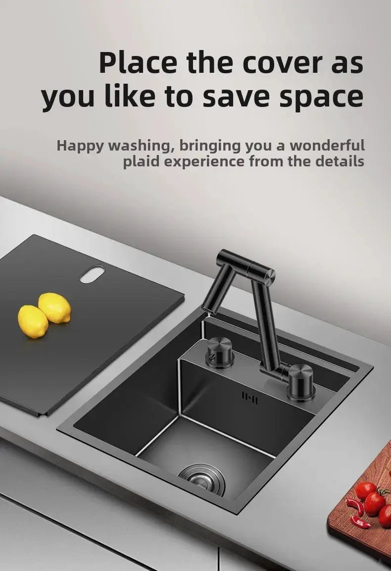 304 stainless steel bar sink with lid and black faucet, Simples Market