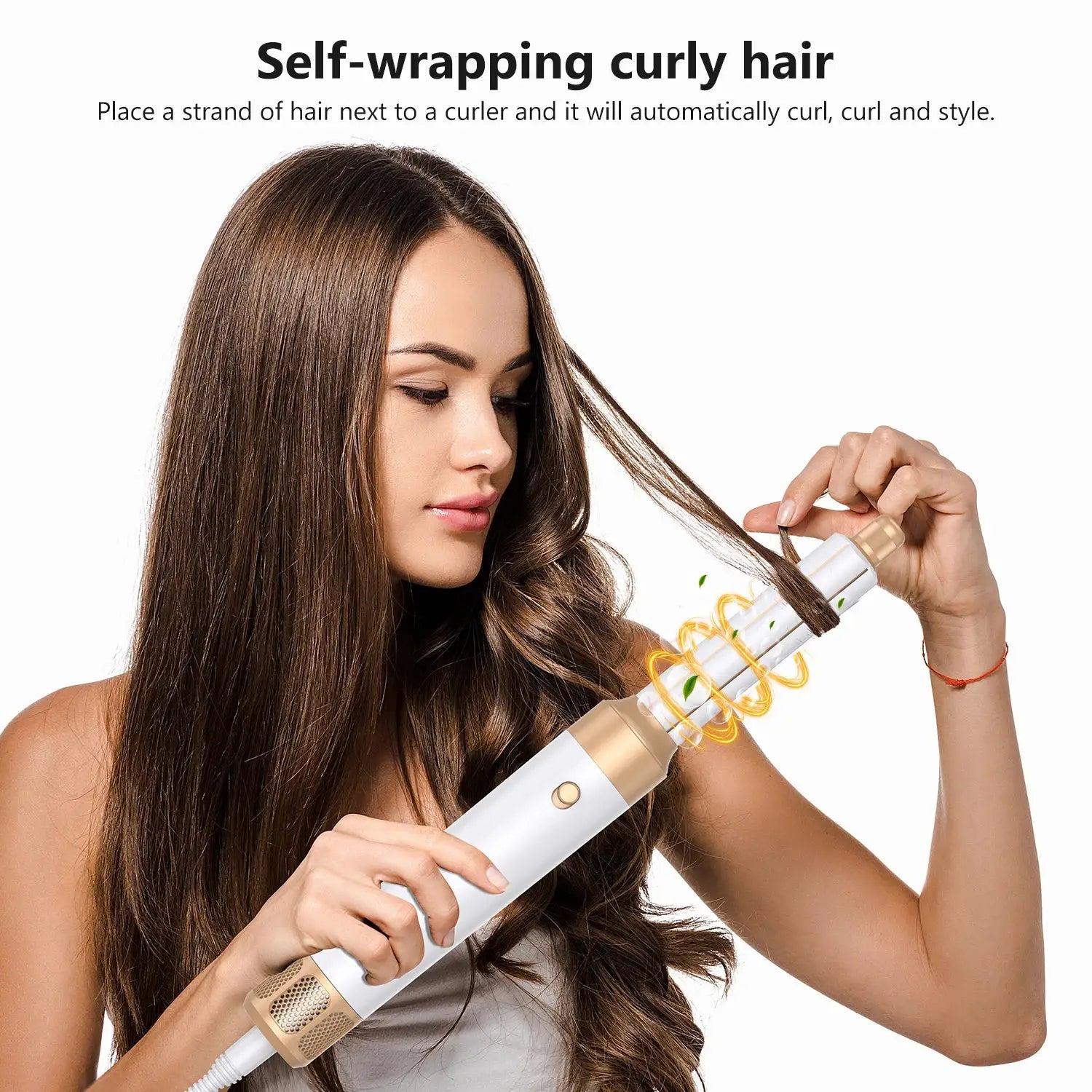 7-in-1 hair dryer brush by Simples Market, white and gold styling tool with diffuser