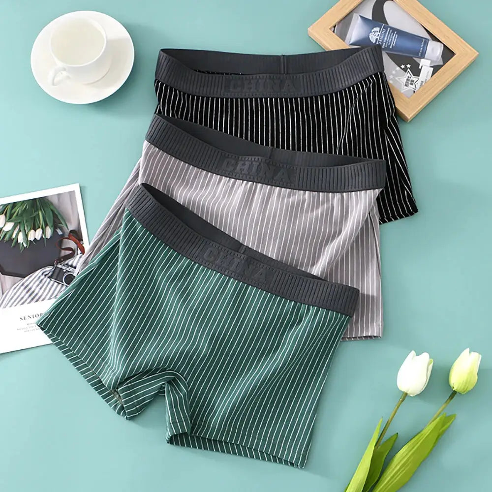 3-pack 100% cotton striped women's boyshort underwear, mid-rise, breathable, green/gray/black