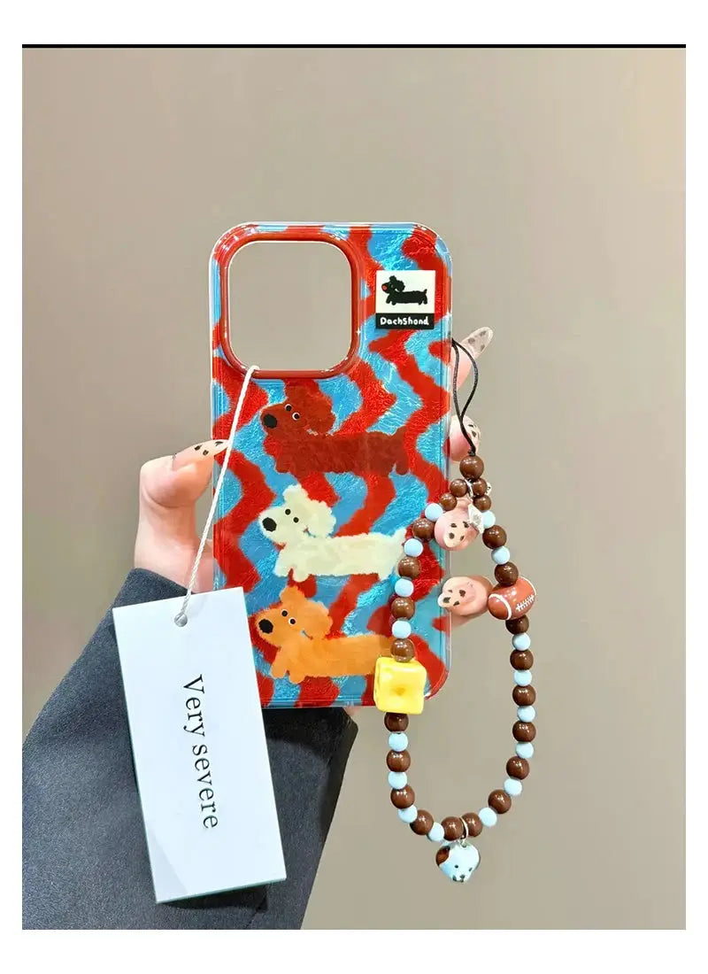 PawCart Cartoon Stripes Dog Chain Case For iPhone 16 15 14 13 12 11 Pro Max Mini Anti Fall TPU Soft Shell With Lanyard