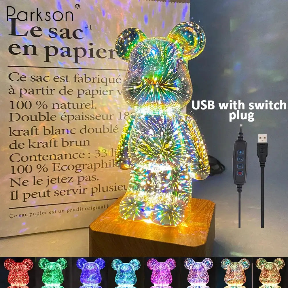 Lumina LED Fireworks 3D Bear Night Light USB Dimmable Colorful Projection For Bedroom Decor