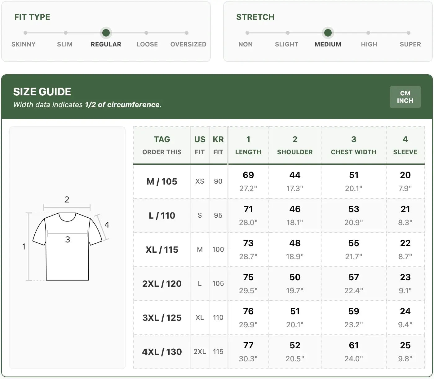 Men's polo shirt size guide by Simples Market; 100% cotton, regular fit and medium stretch, detailed measurements