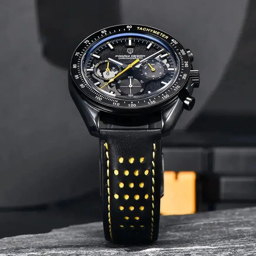 Pagani Design men's skeleton chronograph watch, black dial with yellow accents, black perforated leather strap