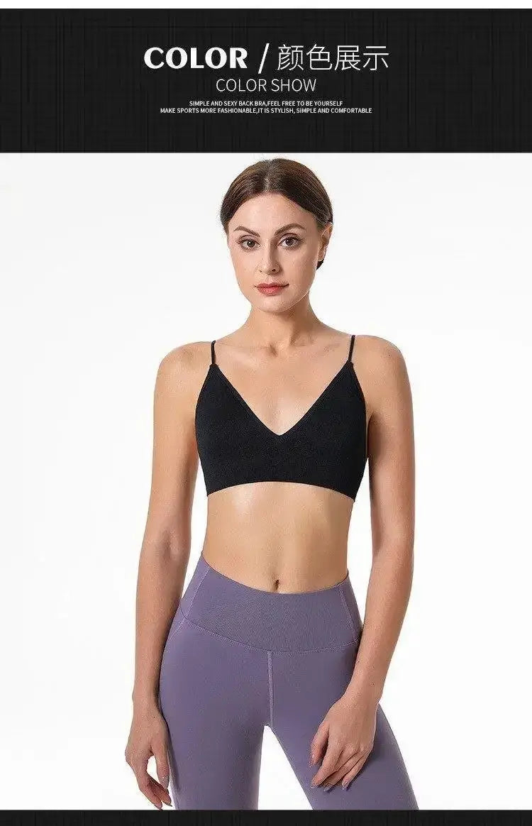Simples Market black V-neck seamless triangle-cup bra camisole on model