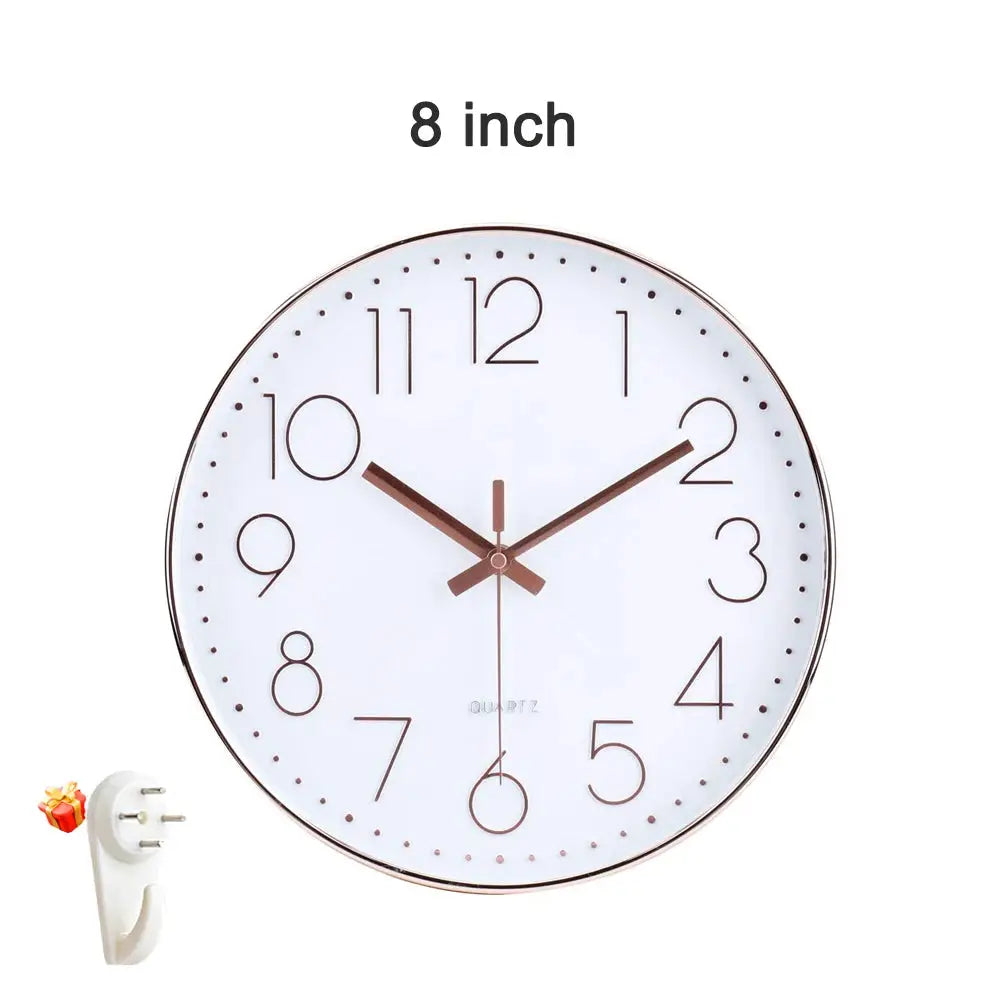 8 inch white wall clock with brown numerals and hands, silent quartz movement, includes plug adapter