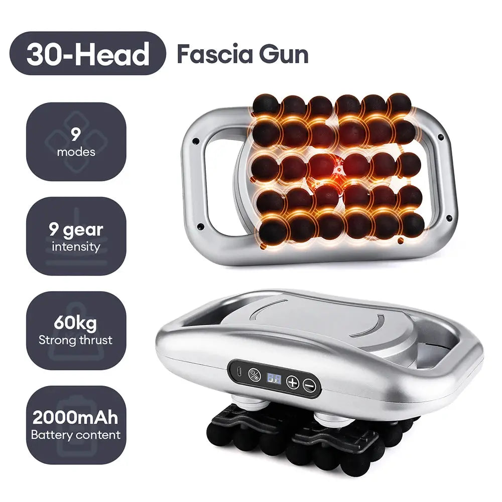 Silver fascia gun massager with 30-head head array and control panel