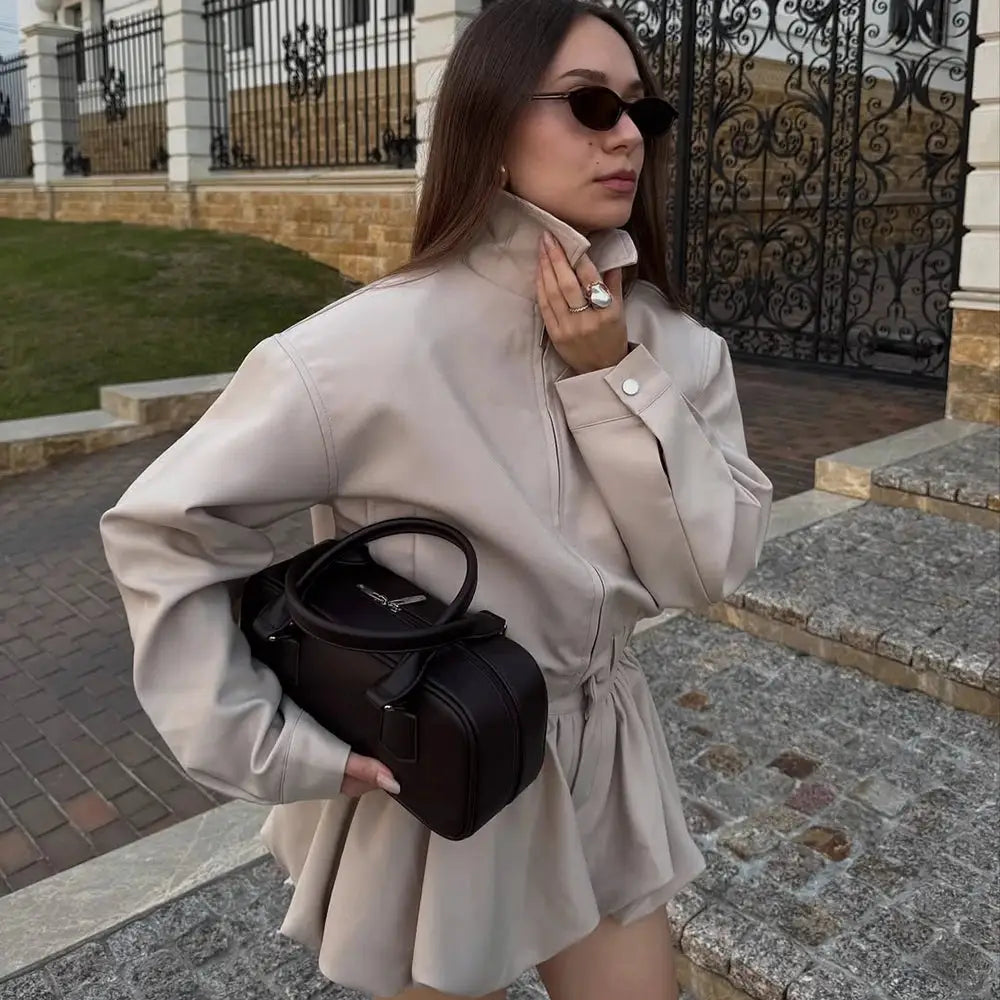 Tuularose Womens Lapel Zip Jacket Two Piece Pleated Shorts Autumn Suit
