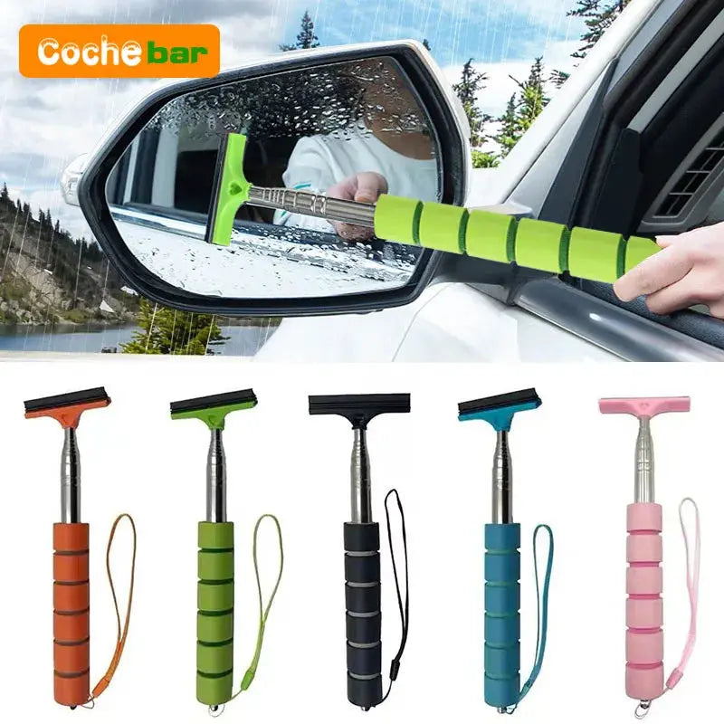 Car rearview mirror cleaning tool with telescopic handle and lime-green grip; Coche bar logo, six color variants shown