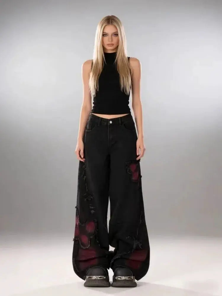 Womens Baggy Butterfly Jeans Vintage 90s Harajuku Denim Trousers