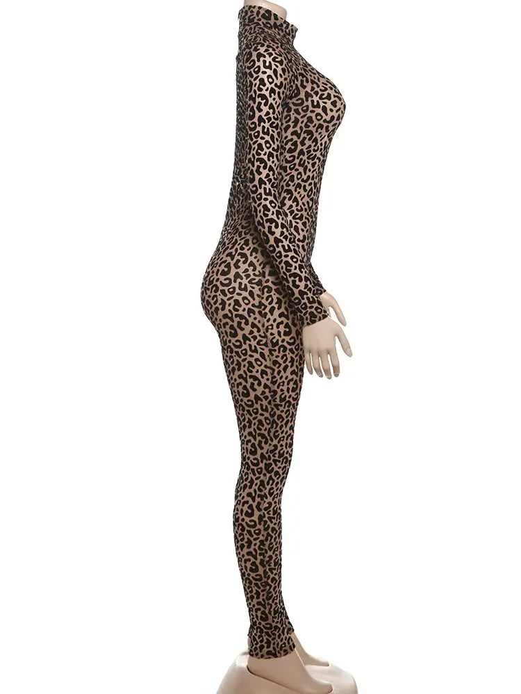 Leopard print mesh jumpsuit for women, tan and black see-through stretch fabric, full-length