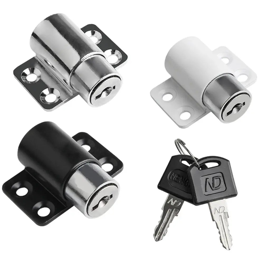 Simples Market sliding door lock set with 2 keys; aluminum alloy, anti-theft, baby safety; 3 color finishes shown.