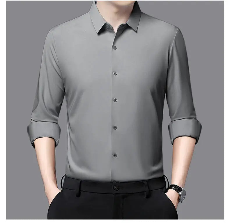 Premium men's ultra-stretch shirt in gray with long sleeves and rolled cuffs