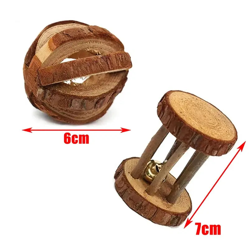 Small animal wooden play toys set of two: braided ball 6 cm and unicycle chew toy 7 cm, natural pine, Simples Market.