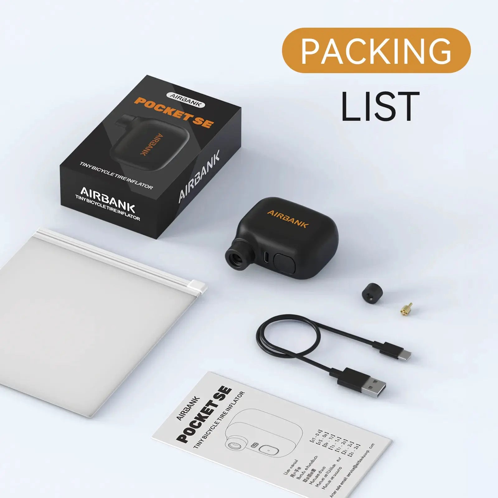 AirBank Pocket SE mini portable electric bike pump, black with orange logo, shown with box and USB‑C cable