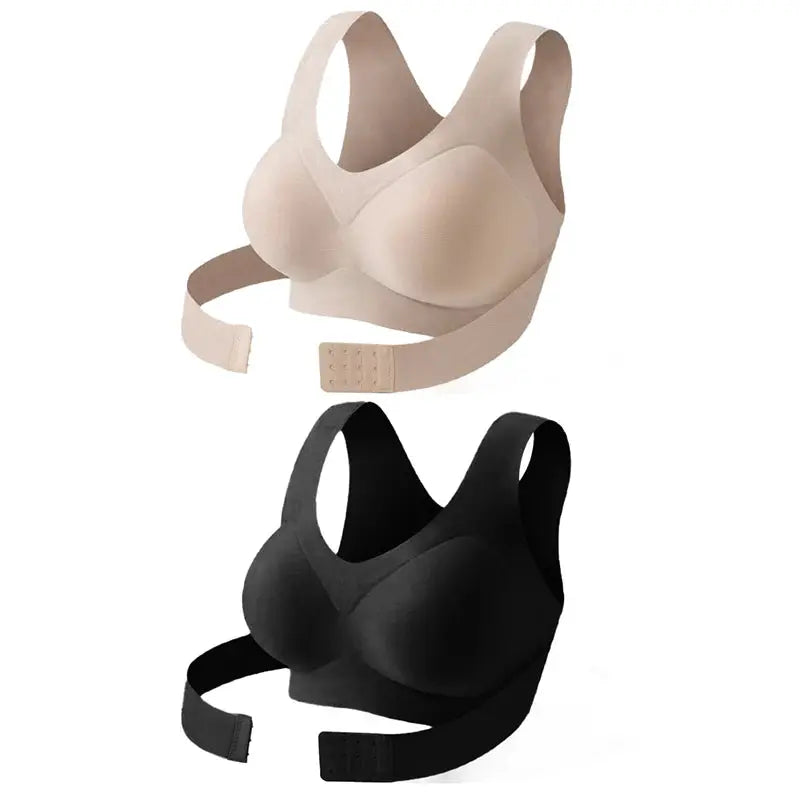 Posture correction bras set: beige and black seamless wireless bralettes with cross-back straps (2 pcs)
