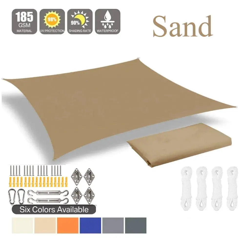 Shade sail kit by Simples Market in sand color with mounting hardware, ropes, and brackets; six colors available