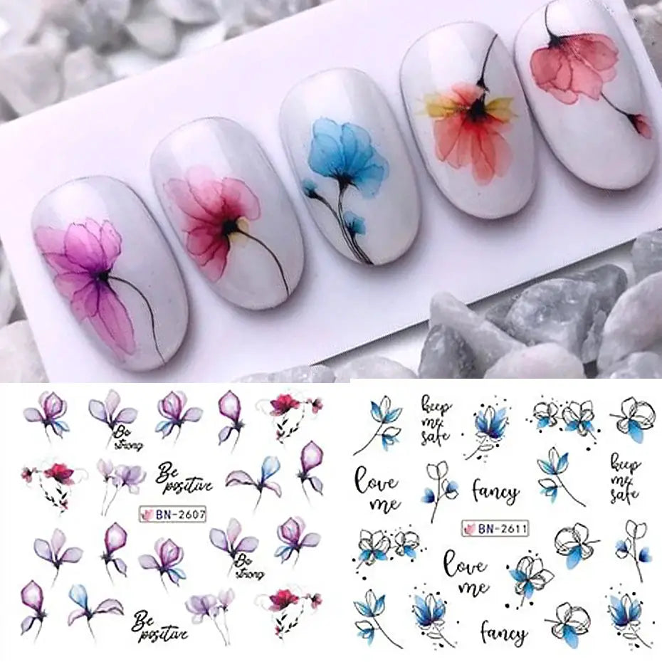 12-piece ink flower nail art decals by Simples Market; watercolor blossoms with leaves