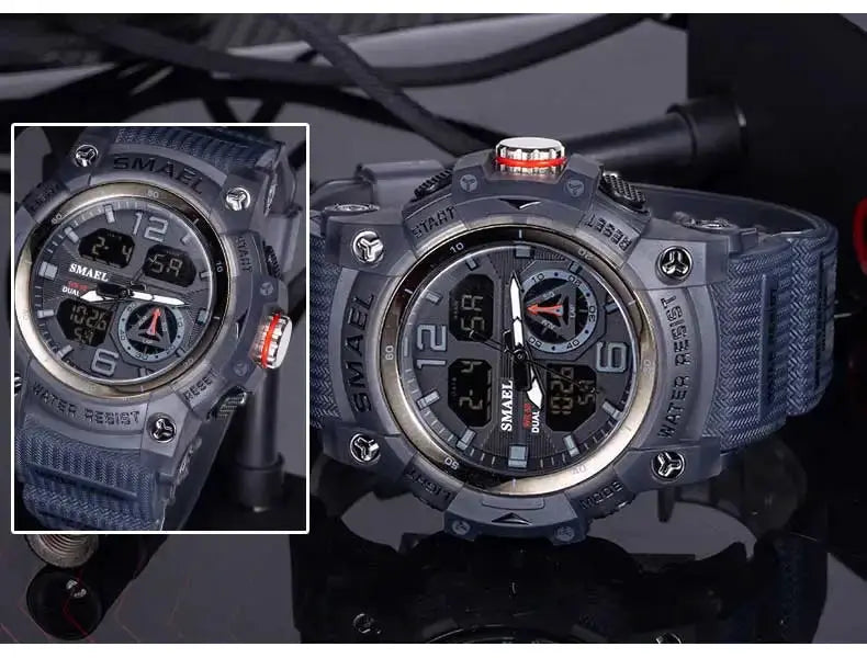 SMAEL sport watch with blue strap and rugged gray bezel; dual-time digital-analog display, 2 shown