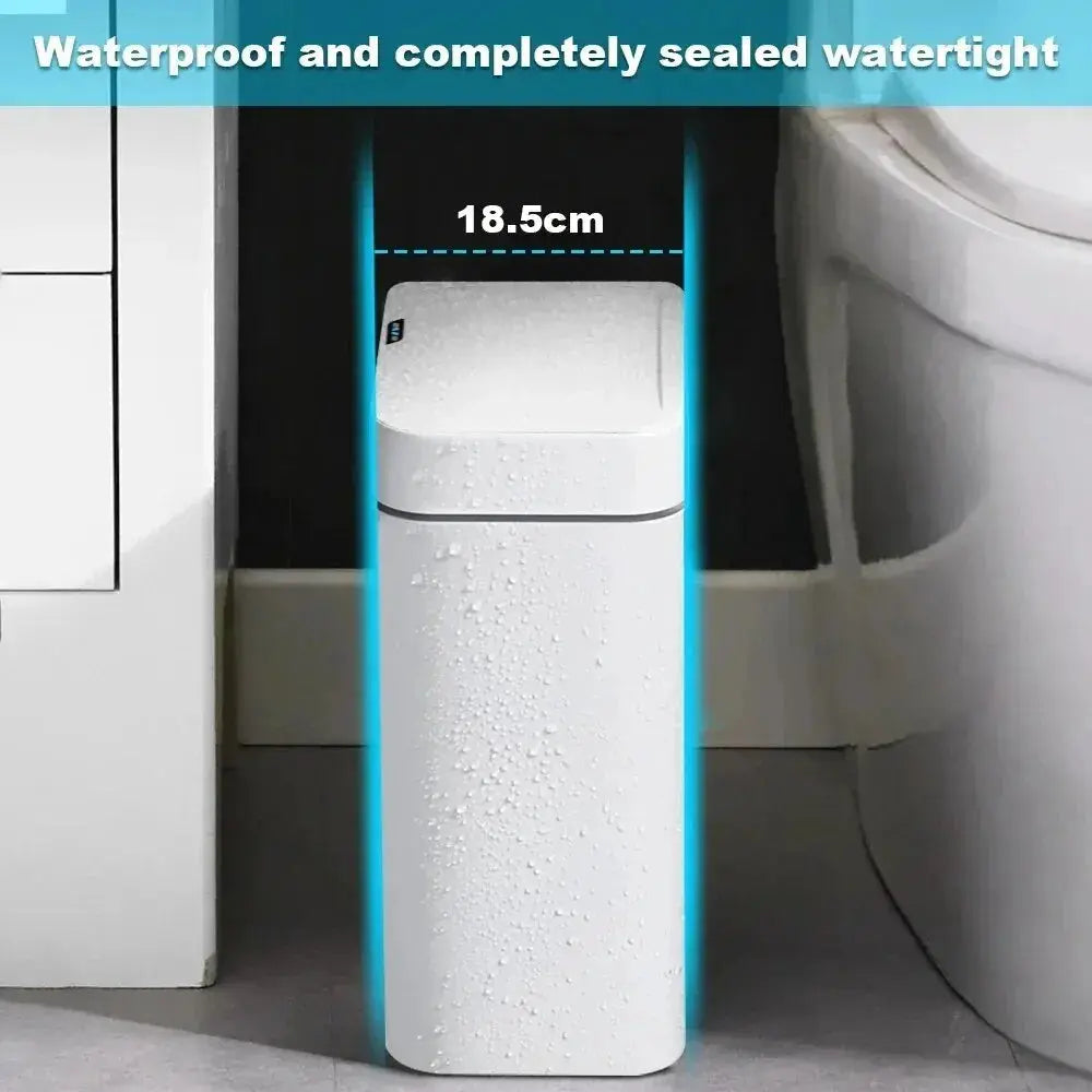 Smart bathroom trash can, white, narrow 15L, touchless sensor with automatic bagging.