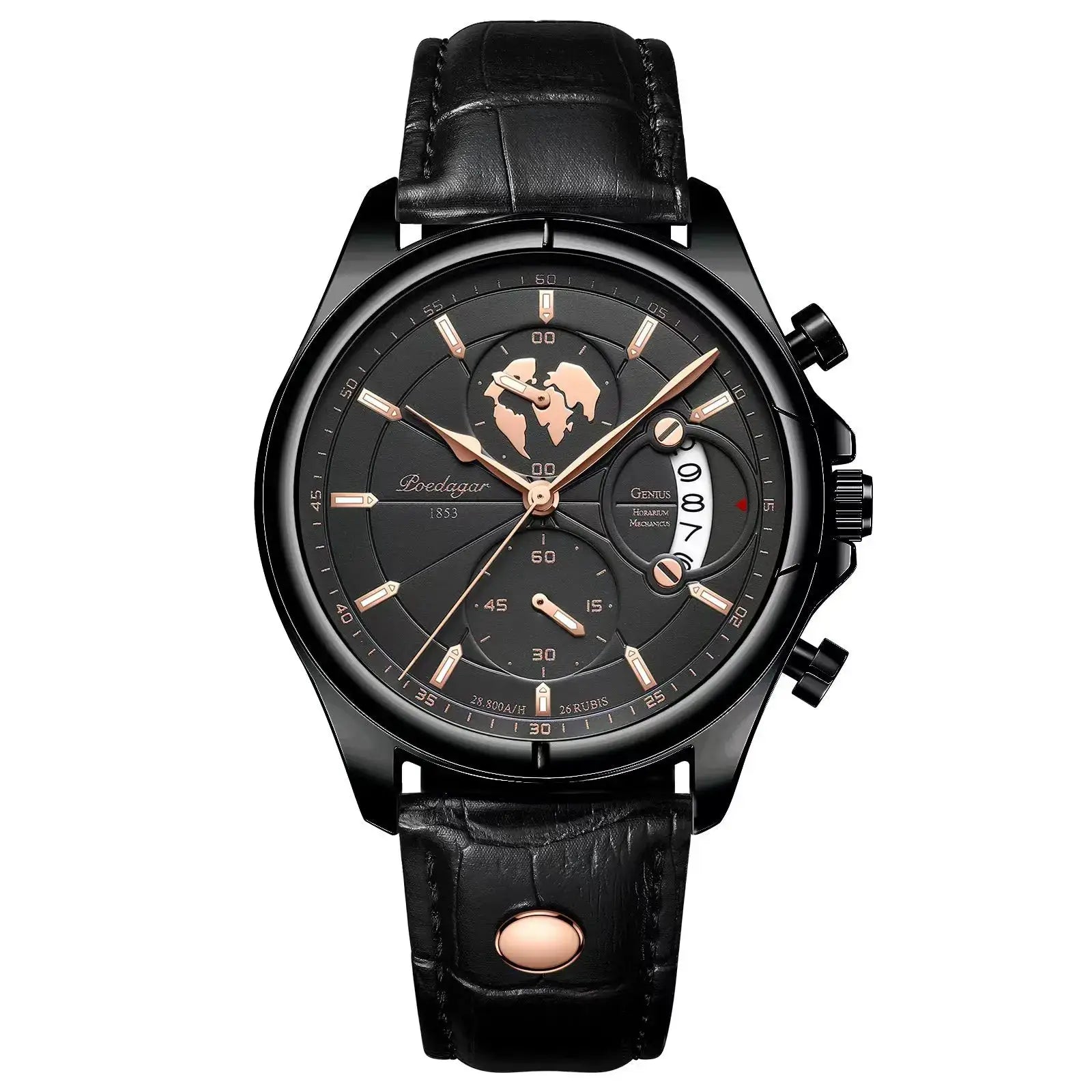 POEDAGAR men's watch with black leather strap, black dial, rose-gold hands, chronograph and date window