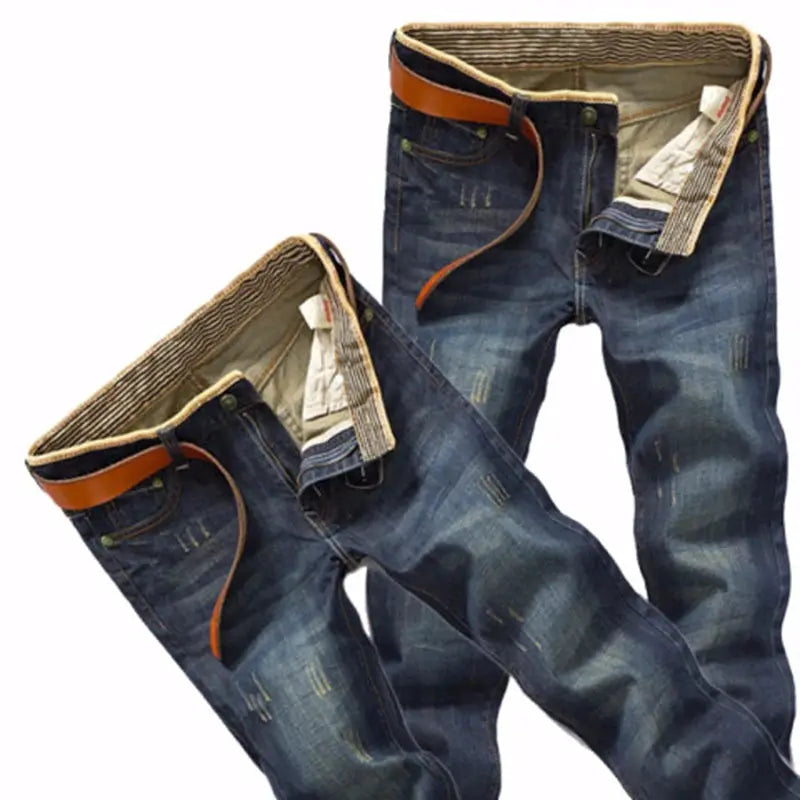 Men's blue denim jeans, two pairs with brown belts, straight-fit stretch denim