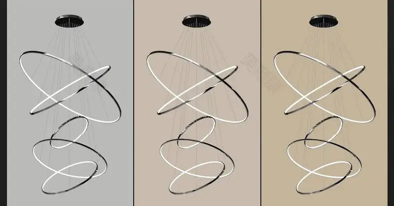 Modern LED pendant light chandelier with spiral rings; three-unit display on gray, beige and tan backgrounds