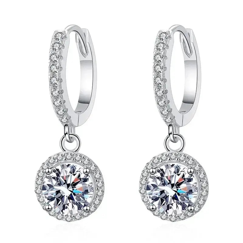 Pair of moissanite round halo hoop earrings in 925 sterling silver by Simples Market