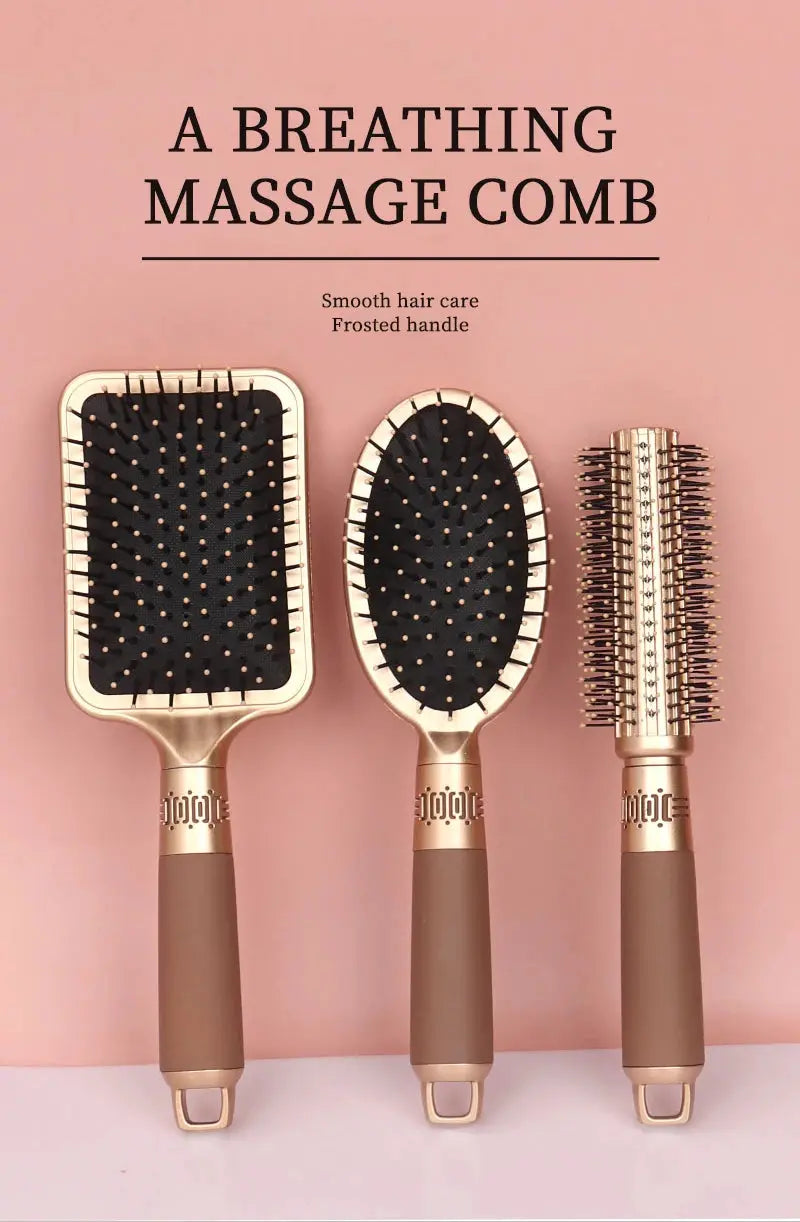 Hair care detangling brush set with three rose-gold brushes for dry, wet, curly hair