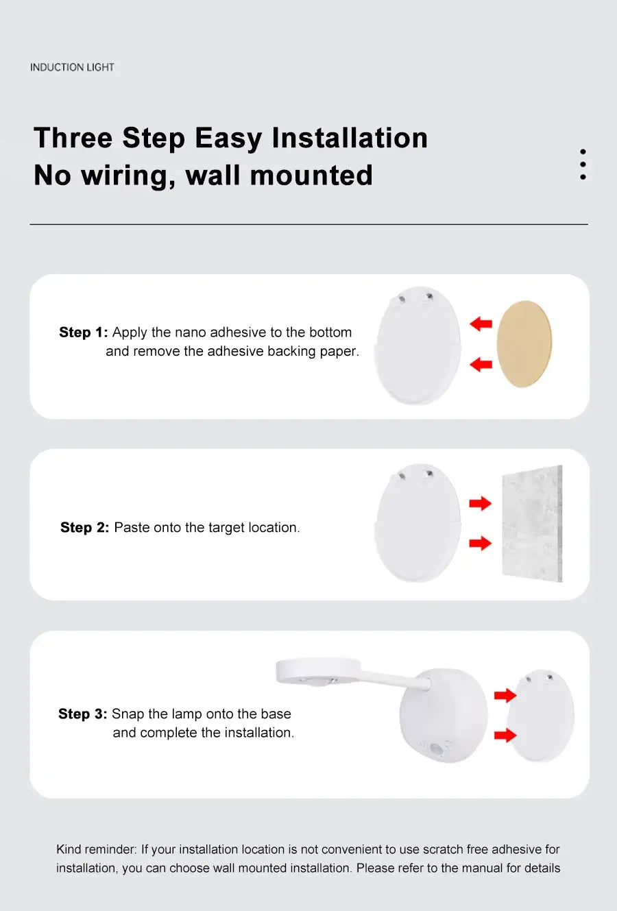 Simples Market night light with motion sensor USB LED wall lamp, white round unit, three-step installation.