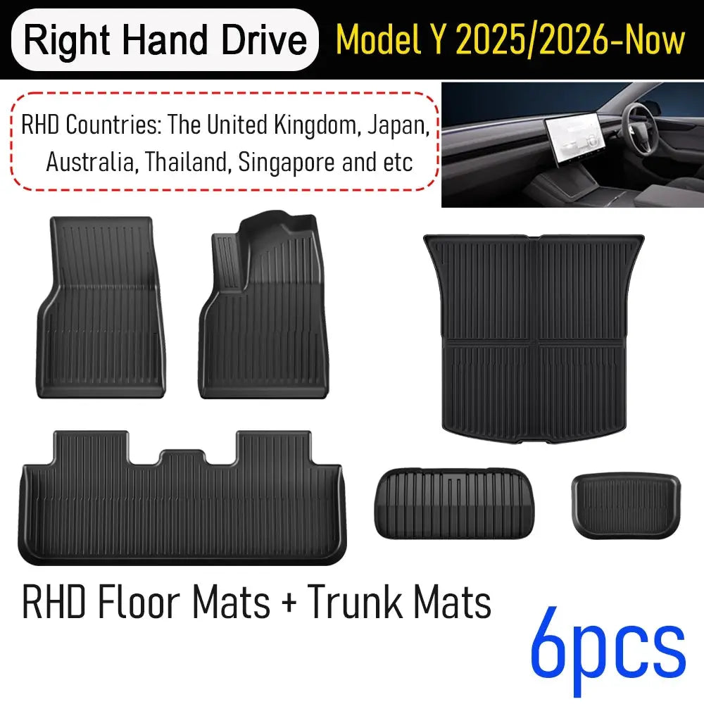 RHD floor mats + trunk mats set in black TPE for Tesla Model Y 2025-2026 (6 pieces)