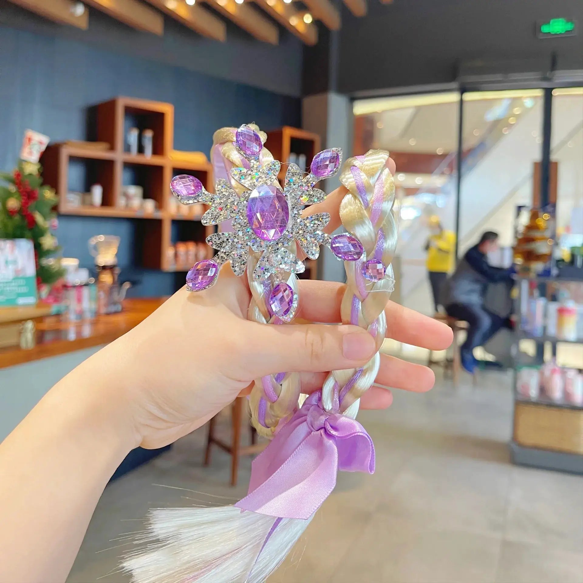 Elsa princess crown headband with lavender ribbons and purple crystal gems