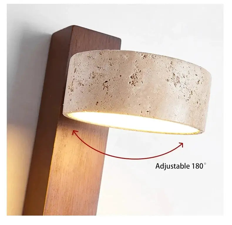 Simples Market cream stone-style bedside wall lamp with walnut wood mount, rotatable 180°