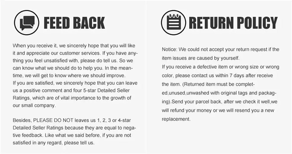 Feedback and Return Policy panels with icons and text blocks