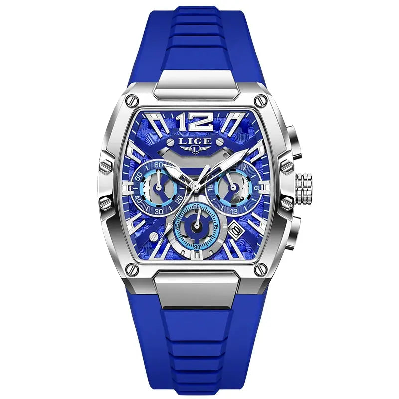 LIGE men's chronograph watch with blue dial and silicone strap