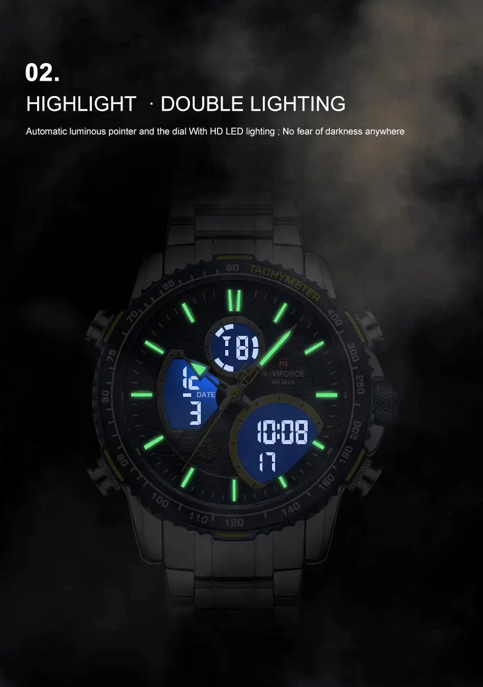 NAVIFORCE men's fashion sport watch with stainless steel band, blue LED digits, luminous hands.