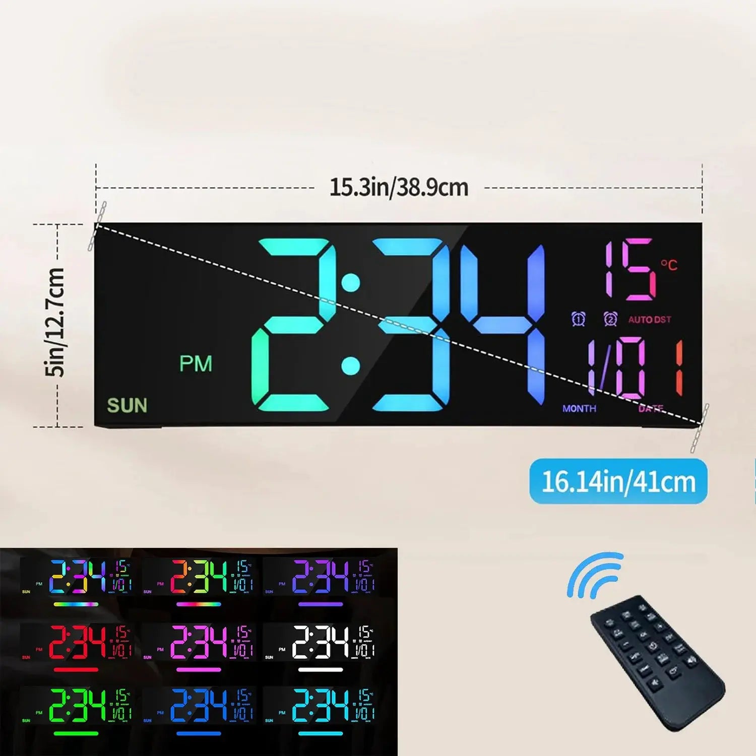 16.2-inch Large Digital Wall Clock with remote control, RGB LED display in 8 colors and dual alarm