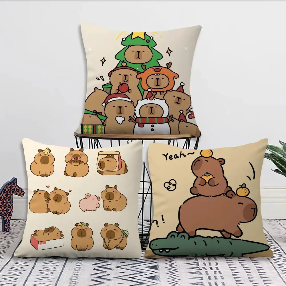 Capybara cartoon pillow case set by Simples Market; beige square cushions with cute capybara designs (4-pack)