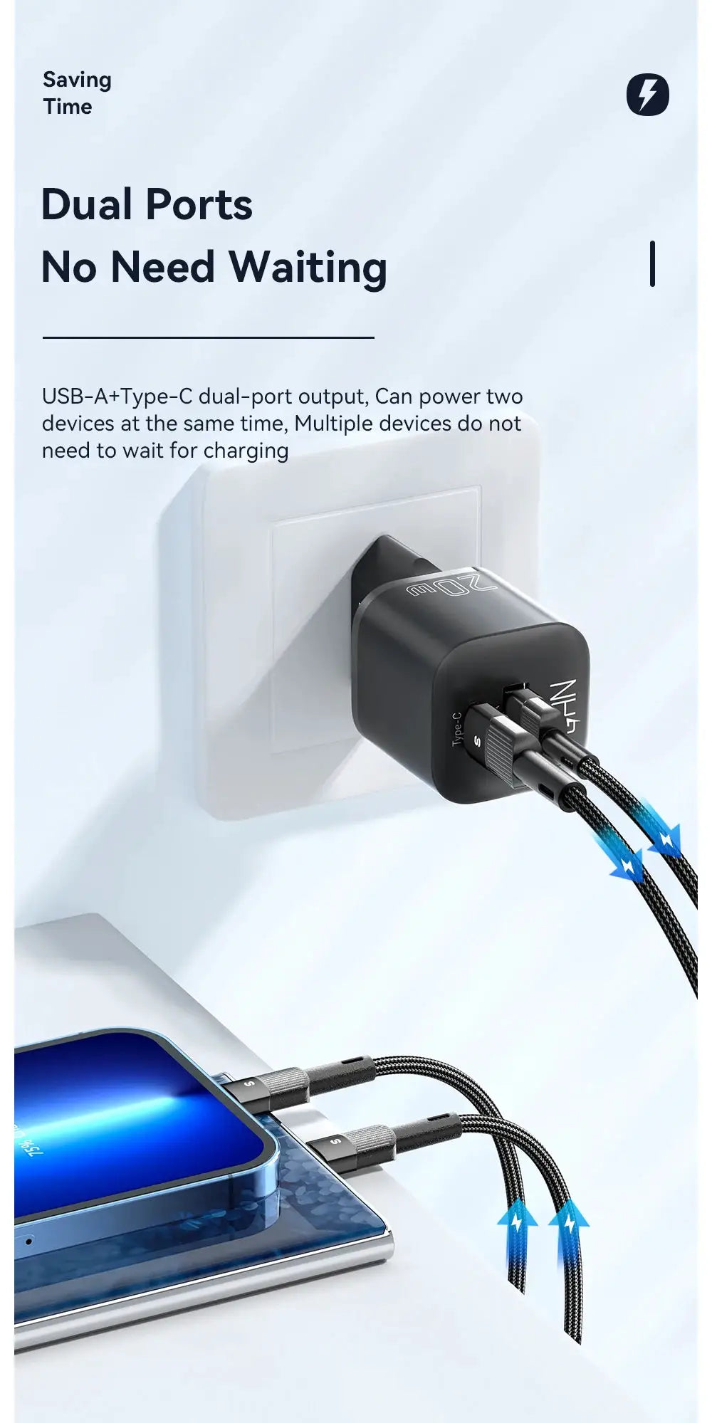 Essager 20W GaN PD USB-C dual-port charger by Simples Market, black, plugged into wall.