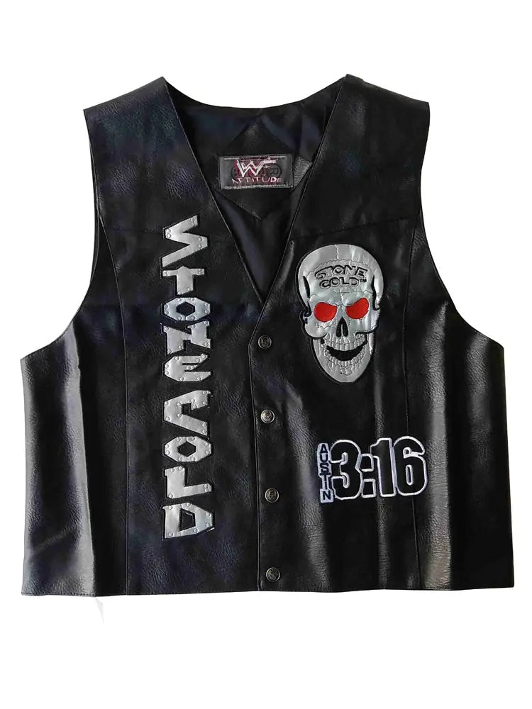 Steve Austin 3:16 smoking skull vest, black faux leather with AUSTIN lettering and skull patch