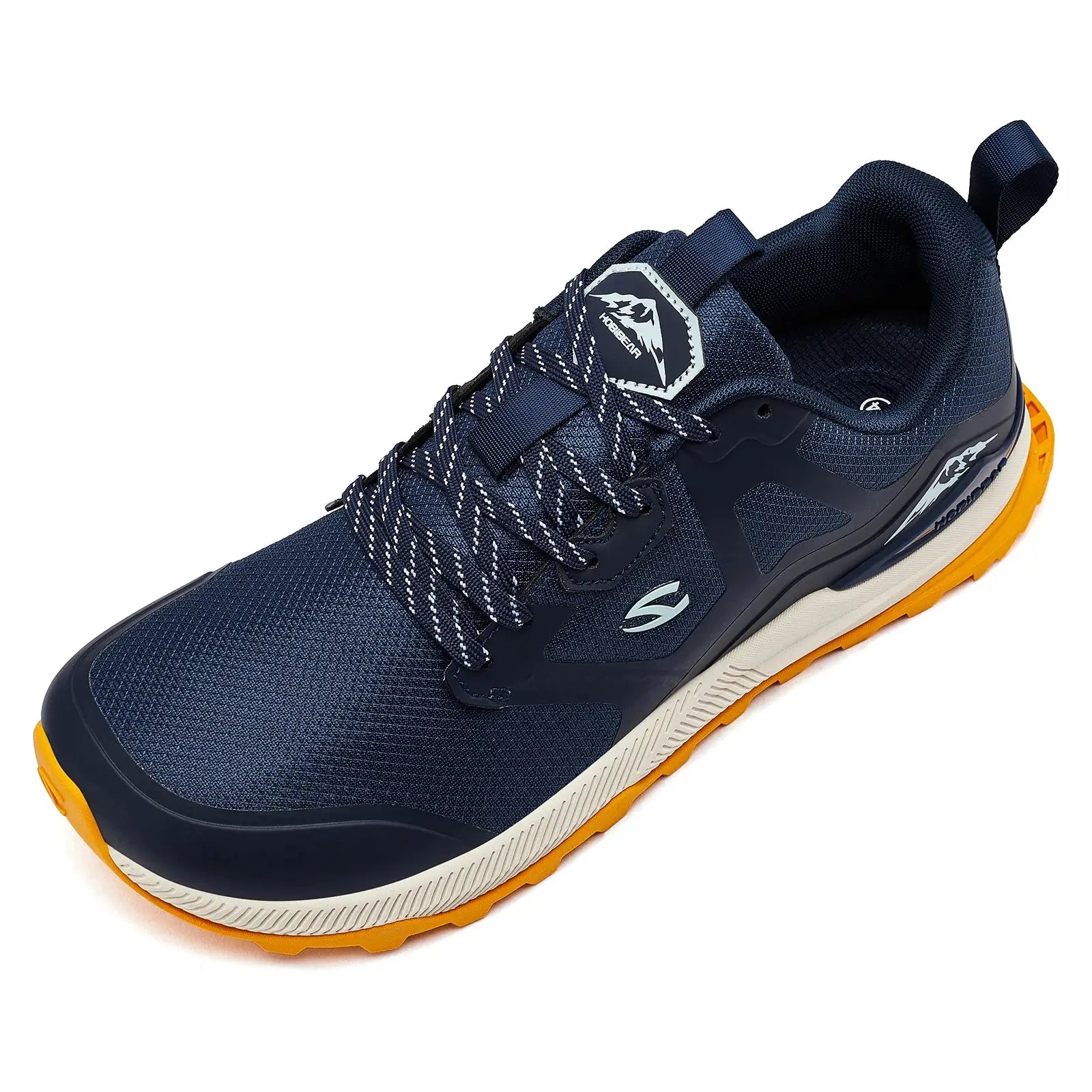 HOBIBEAR unisex hiking shoe in navy blue with orange outsole, lace-up, non-slip trail sneaker.