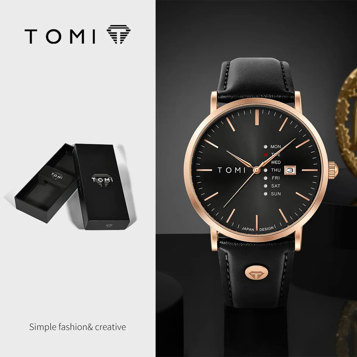TOMI Trendy men's quartz watch with black dial, rose-gold case, leather strap and weekday calendar