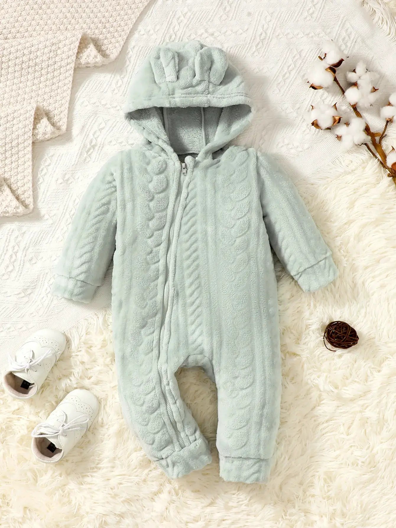 Unisex Plaid Plush Romper With Hooded Long Sleeves Jumpsuit For Winter Warmth 3 To 24 Months