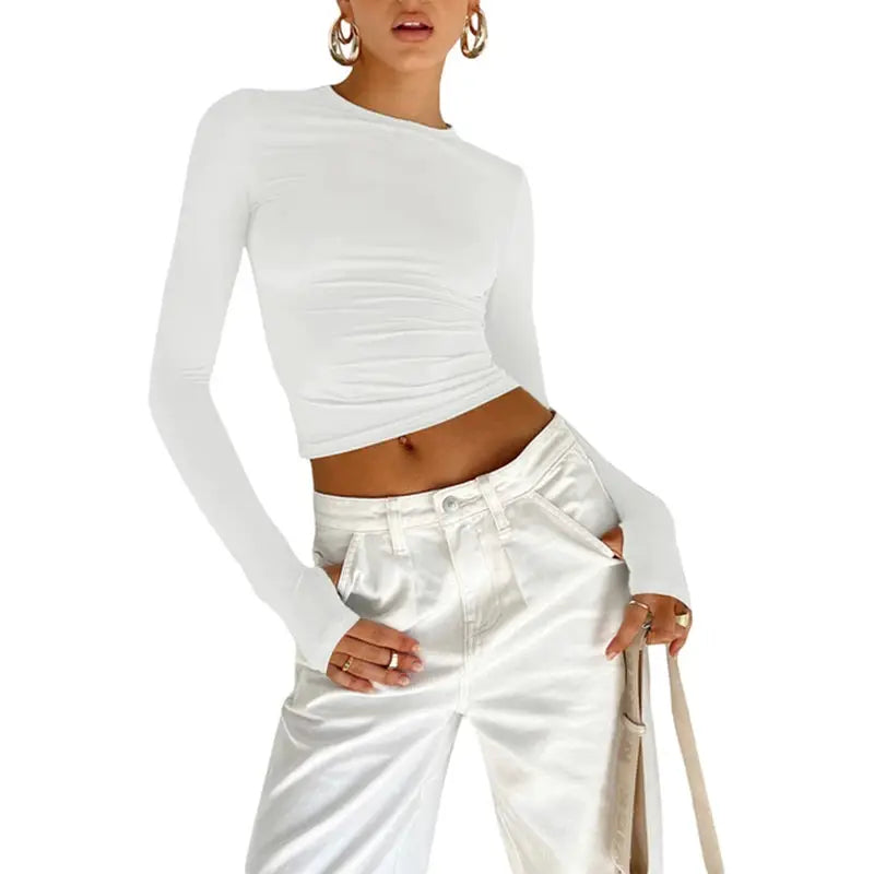 NovaTrend Women Crop Top Long Sleeve Crew Neck Slim Fit Tee Cotton Polyester Blend With Thumb Hole Design For Comfort