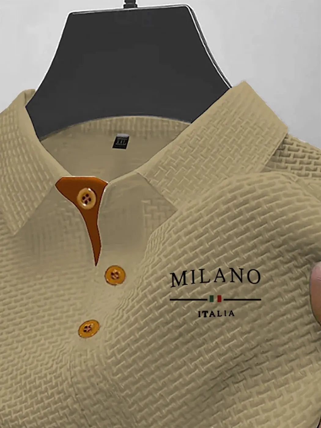 Men's Short-Sleeved Polo Shirt by Simples Market, beige textured knit with orange placket and Milano Italia logo.