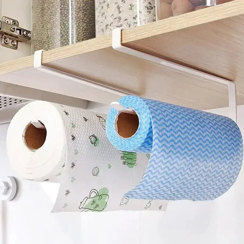 Simples Market wall-mounted paper roll holder and towel rack under a wooden shelf; white metal, two rolls: blue chevron tissue and white toilet paper.