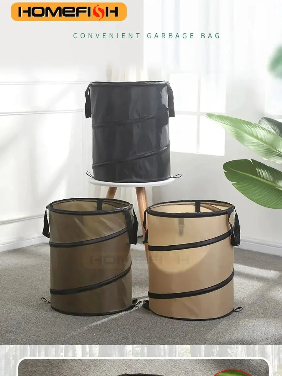 Three pop-up trash cans for outdoor use; folding camping garbage bins in black and tan.