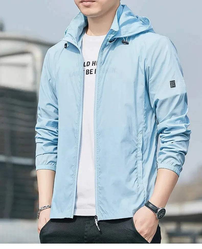 Hooded jacket by Simples Market, light blue waterproof windbreaker with quick-dry sun protection