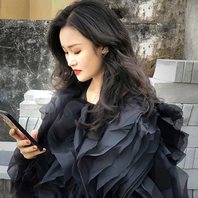 Twotwinstyle Elegant Patchwork Ruffles Chiffon Blouse O Neck Lantern
