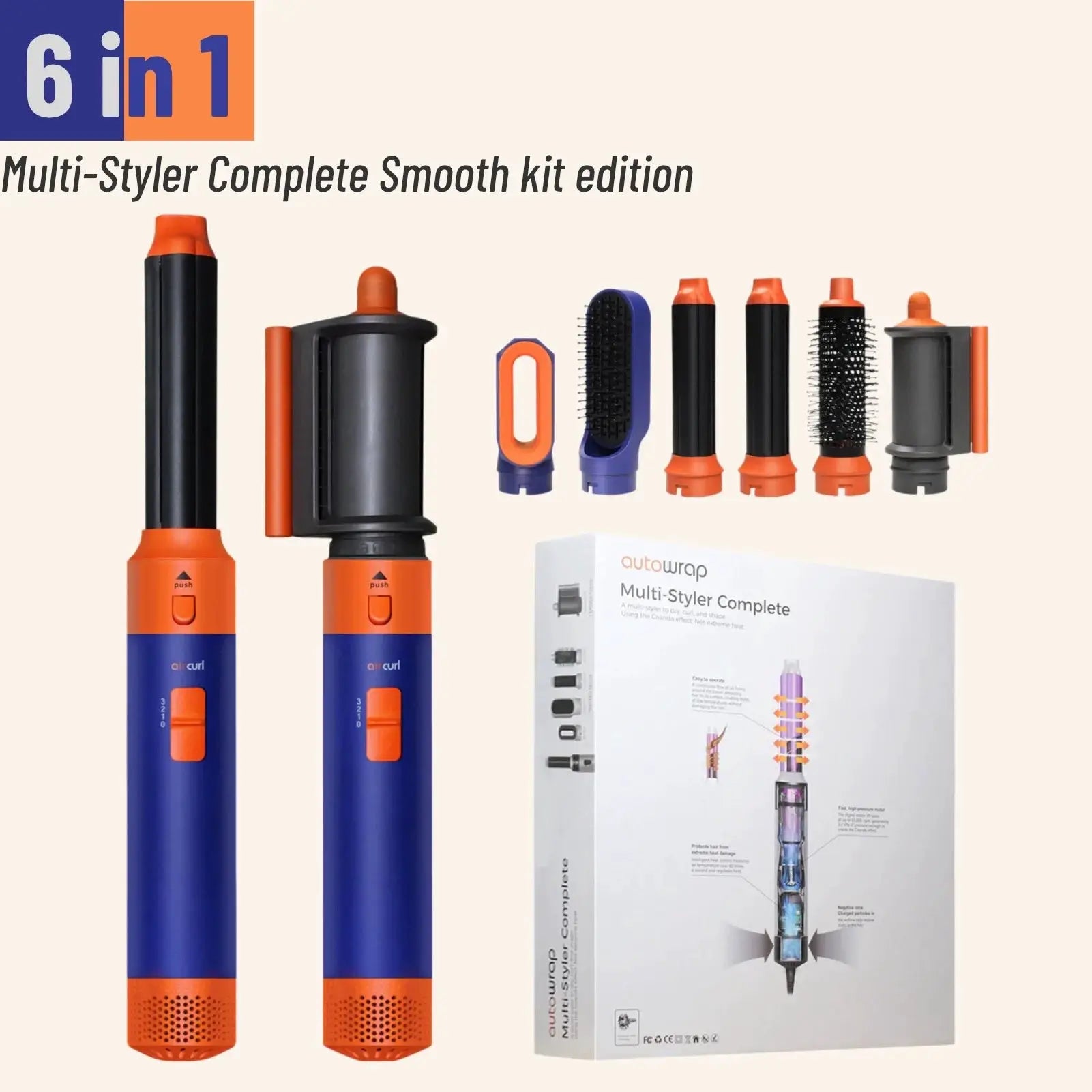 6 in 1 hair dryer multi-styler by Simples Market with orange and blue handles and multiple attachments