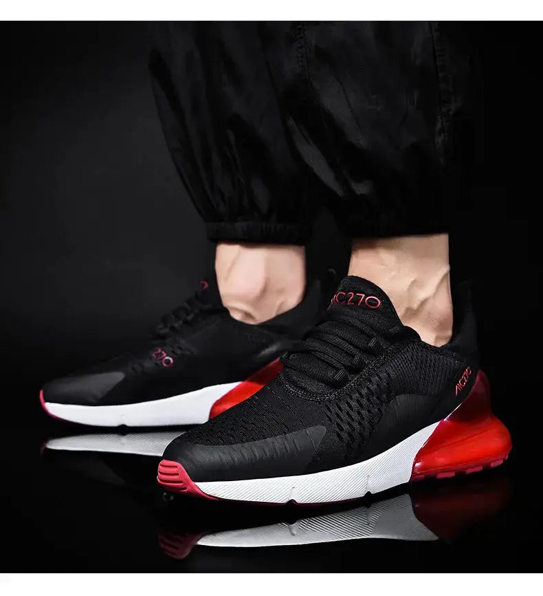 Simples Market men's black mesh running sneakers with red heel and white sole